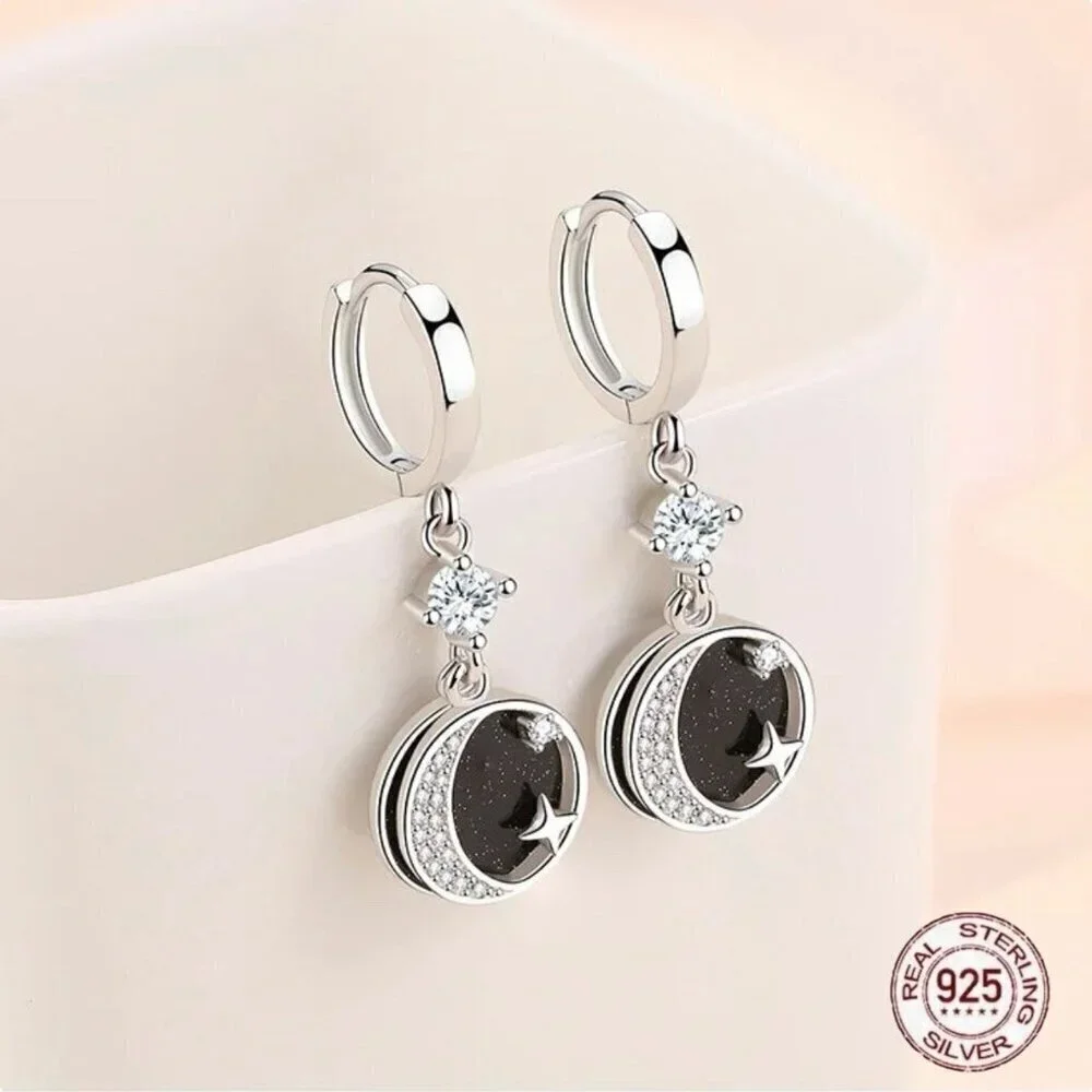 NWT Star Moon Dangle Drop Earrings S925 Sterling Silver CZ Enamel Celestial